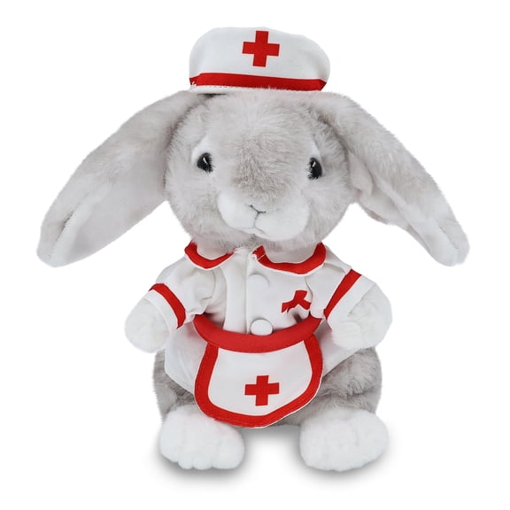 DolliBu Grey Rabbit Plush with Nurse Stuffed Animal Dress Up Set - Hospital Costume Rabbit Stuffed Toy with Nurse Dress, Hat, and Apron, Get Well Plush For Kids and Adults - 6.5 Inches