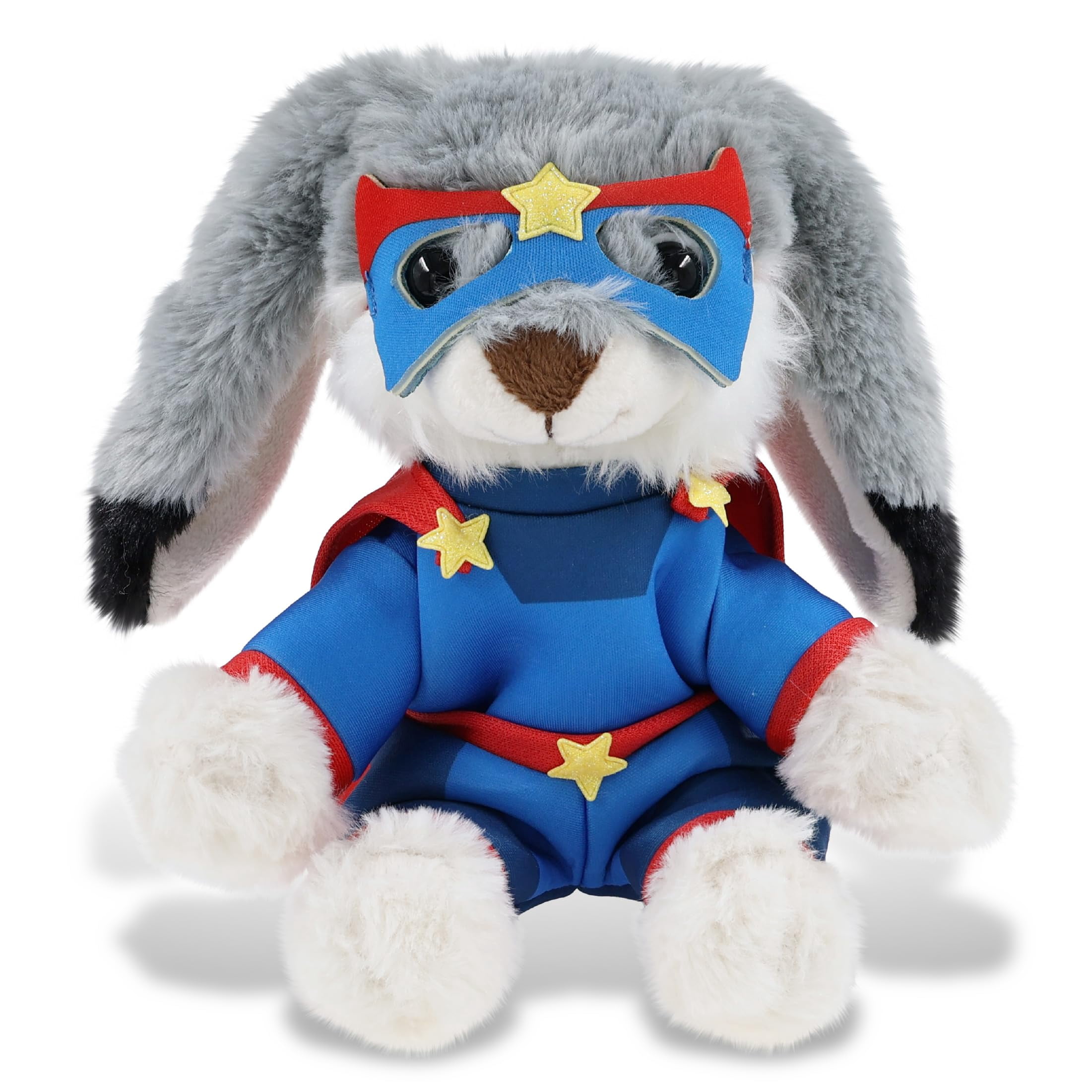 DolliBu Grey Rabbit Plush Stuffed Animal with Superhero Costume - Cute Farm Toy with Red Cape Blue Suit, Eye Mask - Super Hero Adventure Plush for Kids - 7 Inches