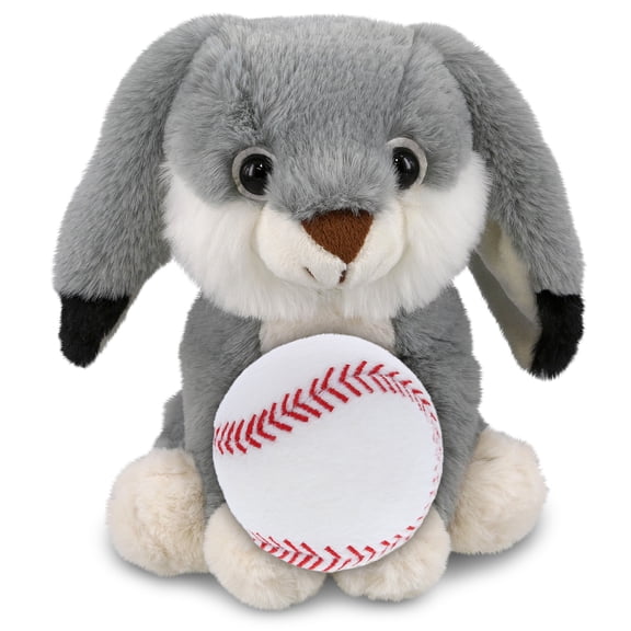 DolliBu Grey Rabbit Stuffed Animal with Baseball Plush - Soft, Huggable Rabbit, Great Gifts for Kids Who Love Baseball, Cute Farm Animal Plush with Plush Baseball Toy for Kids, Adults - 7 Inches