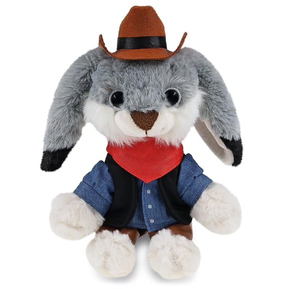 DolliBu Grey Rabbit Stuffed Animal Cowboy Plush - Western-Themed Rabbit Plush with Cute Cowboy Costume Denim Shirt Vest, Bandana, Leather Pants, and Hat - 7 Inches