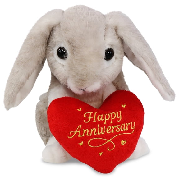 DolliBu Grey Rabbit Stuffed Animal with Happy Anniversary Red Heart Plush - Soft and Cuddly Pet Animal Rabbit Plush Toy Gift for Couples or Friends - 6.5 Inches