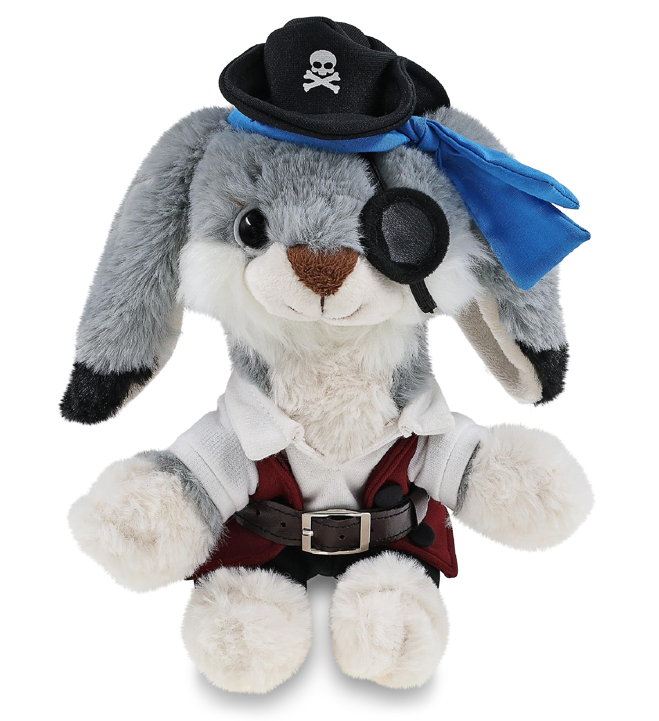 DolliBu Grey Rabbit Stuffed Animal With Pirate Dress Up Set - Sea Adventure Plush Toy Stuffed rabbit with Cute Pirate Costume - Hat, Shirt, Pants, Eye Patch, Belt - 7 Inches