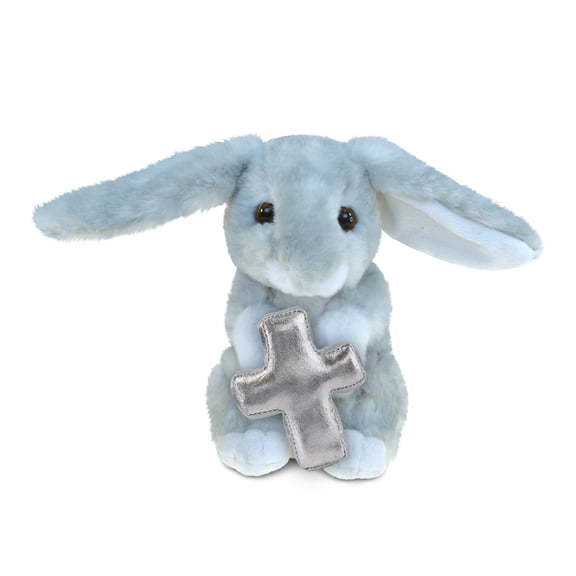 DolliBu Grey Rabbit Stuffed Animal with Silver Cross Plush - Religious Baby Baptism Gifts for Boys and Girls, Dedication Christening Gifts Plush Prayer Toy Healing Stuffed Animal - 6.5 Inch