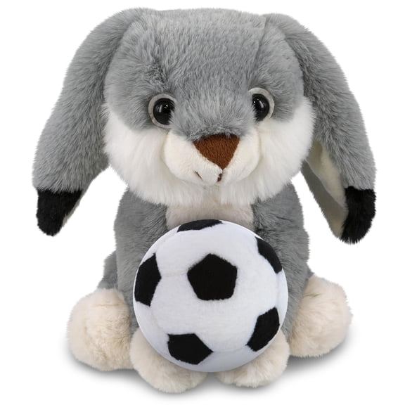 DolliBu Grey Rabbit Stuffed Animal with Soccer Ball Plush - Soft Huggable Rabbit, Adorable Playtime Plush Toy, Cute Farm Life Gift, Super Soft Plush Doll Animal Toy for Kids and Adults - 7 Inches
