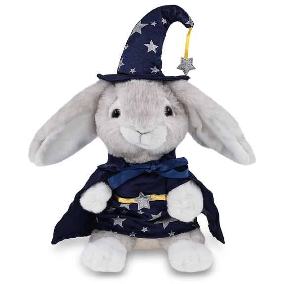 DolliBu Grey Rabbit Stuffed Animal with Wizard Costume - Cute Farm Life Plush Toy with Magical Dress Up Set Blue Cape and Wizard Hat with Silver Stars - 6.5 Inches