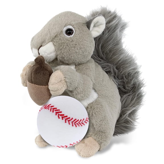DolliBu Grey Squirrel Stuffed Animal with Baseball Plush - Soft and Huggable Squirrel Gift, Cute Wild Animal with Plush Baseball Toy for Kids, Adults - 8 Inches