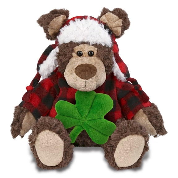 DolliBu Grizzly Bear with Red Plaid Outfit Stuffed Animal with Green Plush Shamrock, Cute Green Shamrock Plush, St Patricks Day Stuffed Animal, Good Luck St Patricks Day Toys for Kids, Baby - 9 Inch