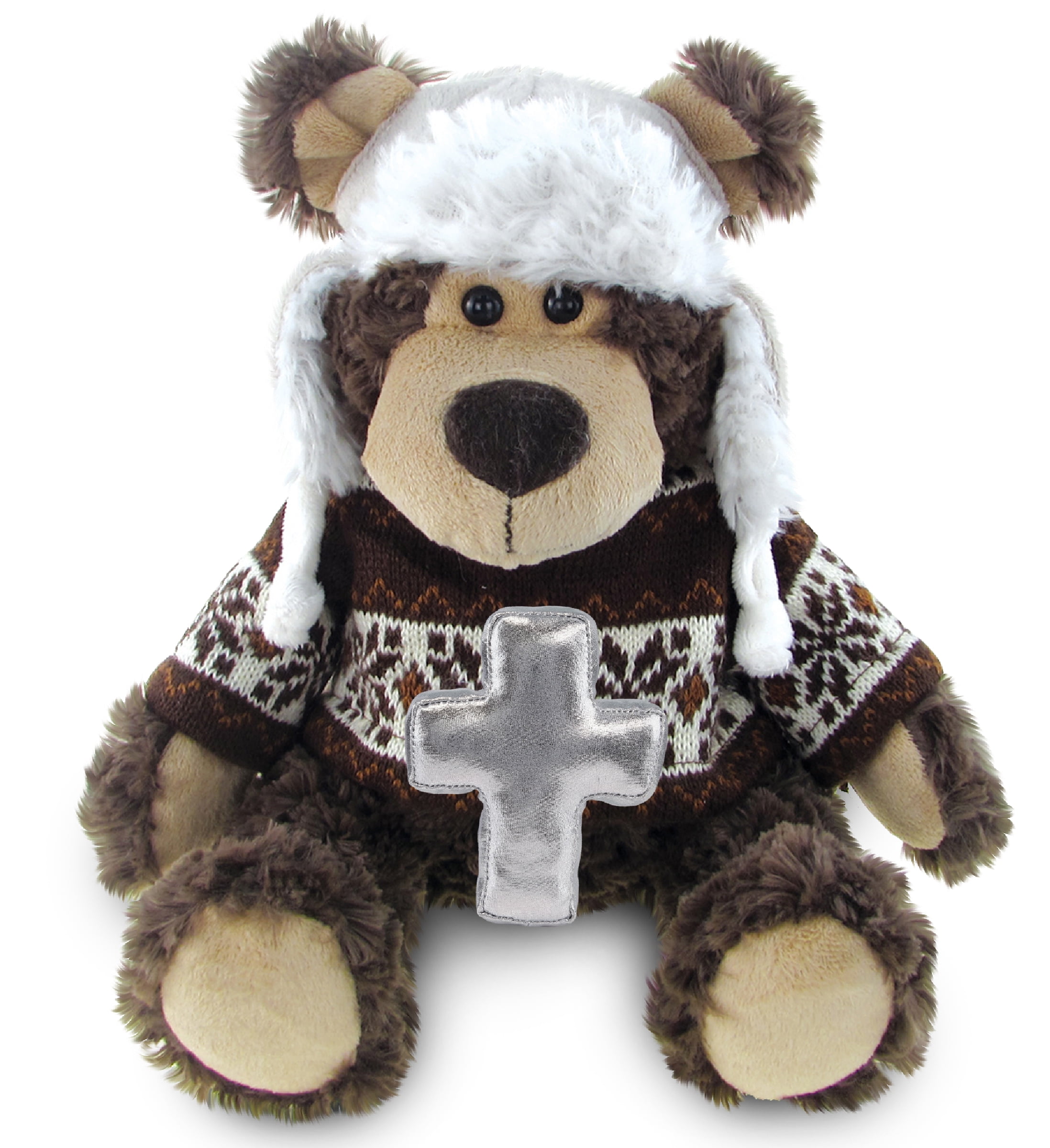 DolliBu Grizzly Bear Stuffed Animal with Silver Cross Plush - Religious Baptism Gifts for Boys and Girls, Dedication Christening Gifts Plush Prayer Toy Healing Stuffed Animal - 9 Inches