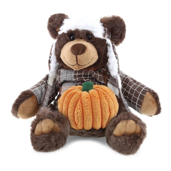 DolliBu Halloween Stuffed Animal Brown Bear with Clothes Plush with Pumpkin - Stuffed Animal with Small Pumpkin Plush Perfect Halloween Plush Toys, Pumpkin Plush Toy for Baby, Kids, Adults - 9 Inches