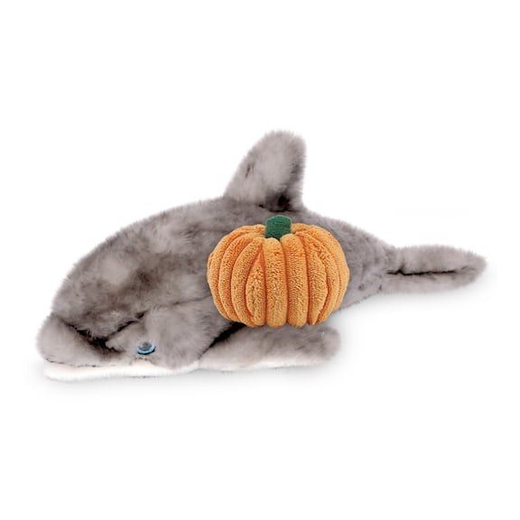 DolliBu Halloween Stuffed Animal Grey Dolphin Plush with Pumpkin - Cute Grey Dolphin Stuffed Animal with Small Pumpkin Plush Perfect Halloween Plush Toys for Baby, Kids, Adults - 12.5 Inches