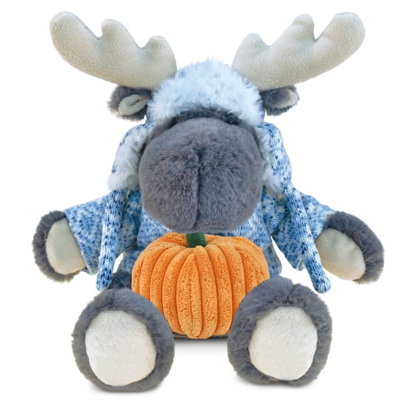 DolliBu Halloween Stuffed Animal Grey Moose with Clothes Plush with Pumpkin - Grey Moose Stuffed Animal with Small Pumpkin Plush Perfect Halloween Plush Toys, Halloween Plush Toys For Kids - 12 Inches