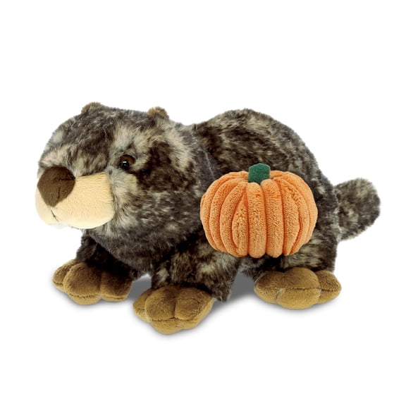 DolliBu Halloween Stuffed Animal Lying Marmot Plush with Pumpkin - Cute Lying Marmot Stuffed Animal with Small Pumpkin Plush Perfect Halloween Plush Toys for Baby, Kids, Adults - 11 Inches