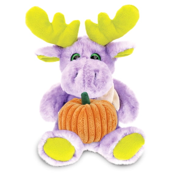 DolliBu Halloween Stuffed Animal Sitting Purple Moose Plush with Pumpkin - Cute Sitting Moose Stuffed Animal with Small Pumpkin Plush Perfect Halloween Plush Toys for Baby, Kids, Adults - 12 Inches