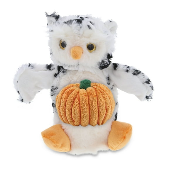 DolliBu Halloween Stuffed Animal White Owl Plush Hand Puppet with Pumpkin - White Owl Stuffed Animal Puppet with Small Pumpkin Plush Perfect Halloween Plush Toys for Babies, Kids, and Adults- 9.5 Inch
