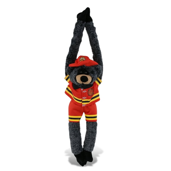 DolliBu Hanging Black Bear Firefighter Stuffed Animal - Super Soft Fireman Toy with Red Fireman Costume Outfit and Fireman Hat, Cute Wild Life Animal Fire Fighter Doll Plush Toy for Kids - 21 Inch