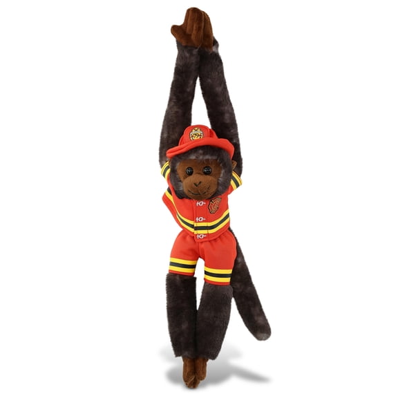 DolliBu Hanging Black Capuchin Monkey Firefighter Stuffed Animal - Fireman Toy with Red Fireman Costume Outfit and Fireman Hat, Wild Life Stuffed Animal Fire Fighter Doll Plush Toy for Kids - 21 Inch