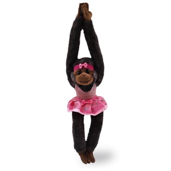 DolliBu Hanging Black Capuchin Monkey Stuffed Animal with Ballerina Dress Up Set - Cute Monkey Plush Toy in Ballet Costume with Tutu Skirt, Headband, and Shirt for Kids and Adults - 21 Inches