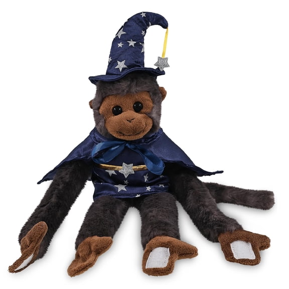 DolliBu Hanging Black Capuchin Monkey Stuffed Animal with Wizard Costume - Cute Wildlife Plush Toy with Magical Dress Up Set Blue Cape and Wizard Hat with Silver Stars - 21 Inches