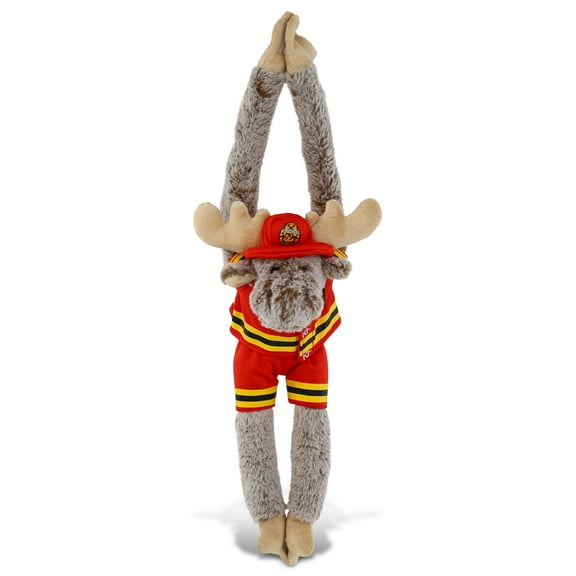DolliBu Hanging Moose Firefighter Stuffed Animal - Super Soft Moose Fireman Toy with Red Fireman Costume Outfit and Fireman Hat, Cute Wild Life Animal Fire Fighter Doll Plush Toy for Kids - 21 Inch