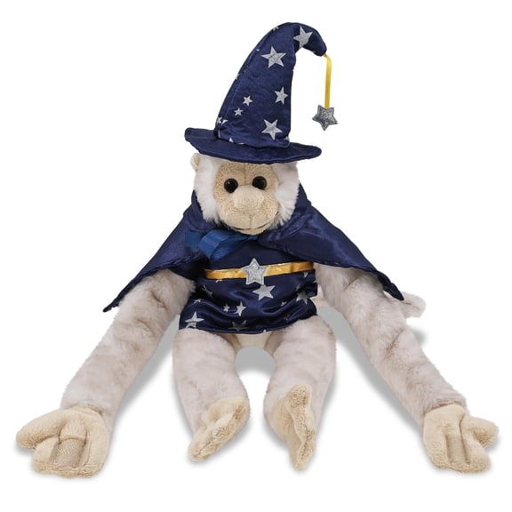 DolliBu Hanging White Squirrel Monkey Stuffed Animal with Wizard Costume - Cute Wildlife Plush Toy with Magical Dress Up Set Blue Cape and Wizard Hat with Silver Stars - 21 Inches