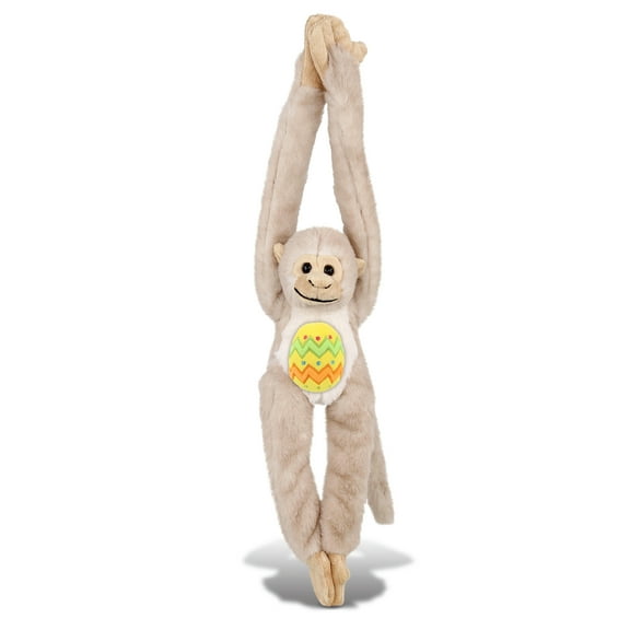 DolliBu Hanging White Squirrel Monkey with Yellow Easter Egg Plush - Perfect Monkey Stuffed Animals for Easter Basket, Cute Easter Egg Stuffed Animal Spring Toys for Girls, Boys, and Babies - 21 Inch