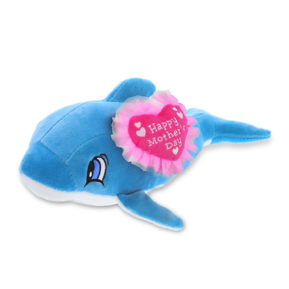 DolliBu Happy Mother's Day Baby Soft Plush Blue Dolphin Figure - Cute Stuffed Animal with Pink Heart Message for Best Mommy, Grandma, Wife, Daughter - Cute Sea Life Plush Toy Gift - 11.75" Inches