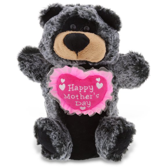 DolliBu Happy Mother's Day Black Bear Plush Hand Puppet - Cute Stuffed Animal Present With Pink Heart Message for Best Mommy, Grandma, Wife, Daughter - Cute Wild Life Plush Puppet Toy Gift - 9 Inches
