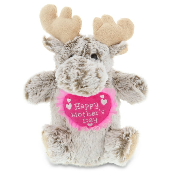 DolliBu Happy Mother's Day Moose Plush Hand Puppet - Cute Stuffed Animal Present With Pink Heart Message for Best Mommy, Grandma, Wife, Daughter - Cute Wild Life Plush Puppet Toy Gift - 11 Inches