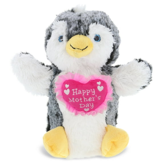 DolliBu Happy Mother's Day Penguin Plush Hand Puppet - Cute Stuffed Animal Present With Pink Heart Message for Best Mommy, Grandma, Wife, Daughter - Cute Sea Life Plush Puppet Toy Gift - 9" Inches