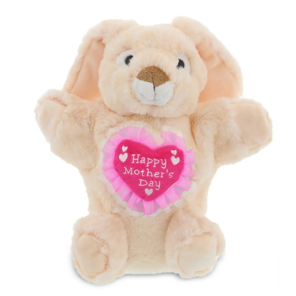 DolliBu Happy Mother's Day Rabbit Plush Hand Puppet - Cute Stuffed Animal Present With Pink Heart Message for Best Mommy, Grandma, Wife, Daughter - Cute Wild Life Plush Puppet Toy Gift - 9" Inches
