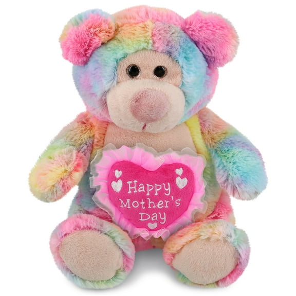 DolliBu Happy Mother's Day Rainbow Bear - Cute Stuffed Animal with Pink Heart Message for Best Mommy, Grandma, Wife, Daughter - Cute Wild Life Plush Toy Mom Gift - 9 Inches