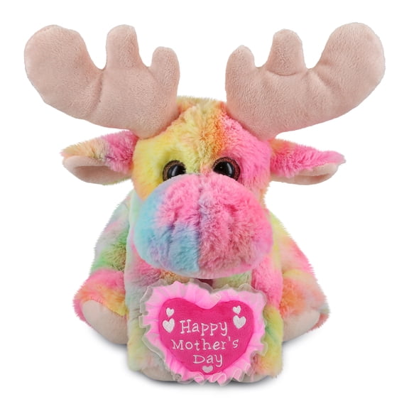 DolliBu Happy Mother's Day Rainbow Floppy Moose - Cute Stuffed Animal with Pink Heart Message for Best Mommy, Grandma, Wife, Daughter - Cute Wild Life Plush Toy Mom Gift - 9 Inches