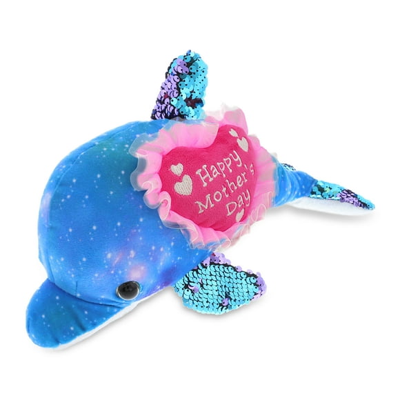 DolliBu Happy Mother's Day Space Sequin Plush Purple Dolphin Toy - Cute Stuffed Animal with Pink Heart Message for Best Mommy, Grandma, Wife, Daughter - Cute Sea Life Plush Toy Gift - 12" Inches