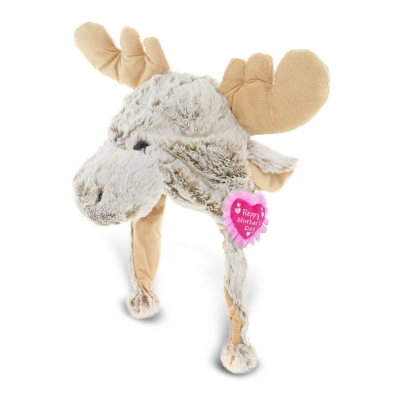 DolliBu Happy Mother's Day Super Soft Brown Moose Plush Hat - Cute Stuffed Animal with Pink Heart Message for Best Mommy, Grandma, Wife, Daughter - Cute Wild Life Plush Toy Gift - 18" Inches