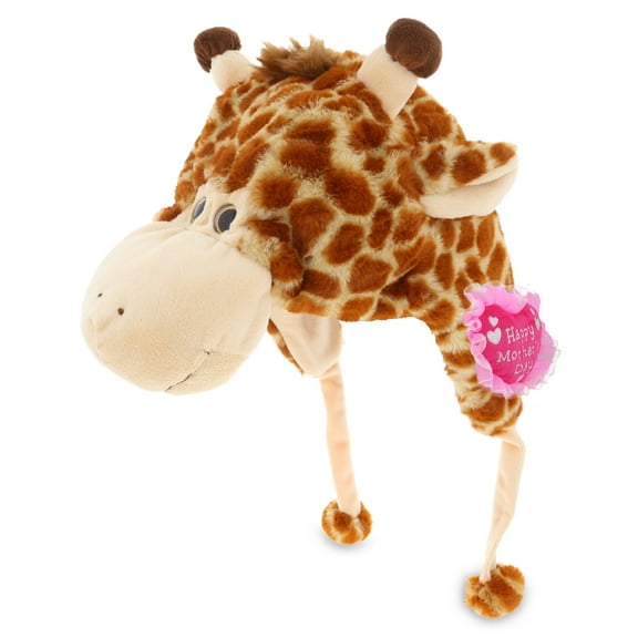 DolliBu Happy Mother's Day Super Soft Giraffe Plush Hat - Cute Stuffed Animal Plush Hat with Pink Heart Message for Best Mommy, Grandma, Wife, Daughter - Cute Wild Life Plush Toy Gift - 17" Inch