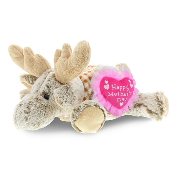 DolliBu Happy Mother's Day Super Soft Lying Moose Plush Figure - Cute Stuffed Animal with Pink Heart Message for Best Mommy, Grandma, Wife, Daughter - Cute Wild Life Plush Toy Gift - 9.5" Inches