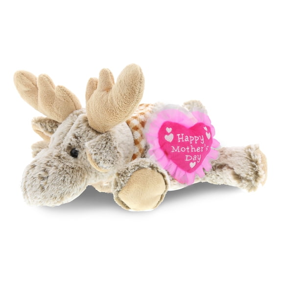 DolliBu Happy Mother's Day Super Soft Lying Moose Plush Figure - Cute Stuffed Animal with Pink Heart Message for Best Mommy, Grandma, Wife, Daughter - Cute Wild Life Plush Toy Gift - 9.5" Inches