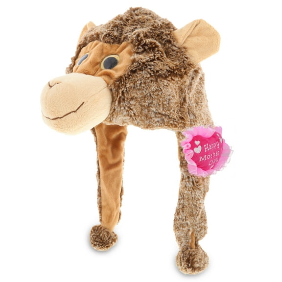 DolliBu Happy Mother's Day Super Soft Monkey Plush Hat - Cute Stuffed Animal Plush Hat with Pink Heart Message for Best Mommy, Grandma, Wife, Daughter - Cute Wild Life Plush Toy Gift - 15" Inch