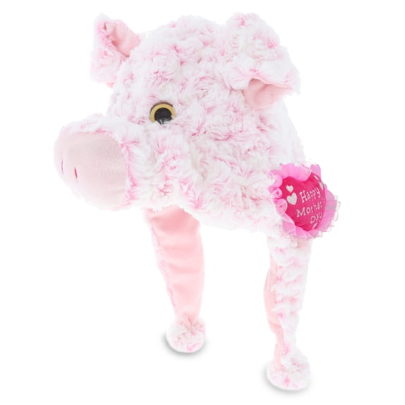 DolliBu Happy Mother's Day Super Soft Pig Plush Hat - Cute Stuffed Animal Plush Hat with Pink Heart Message for Best Mommy, Grandma, Wife, Daughter - Cute Farm Life Plush Toy Gift - 17.5" Inches
