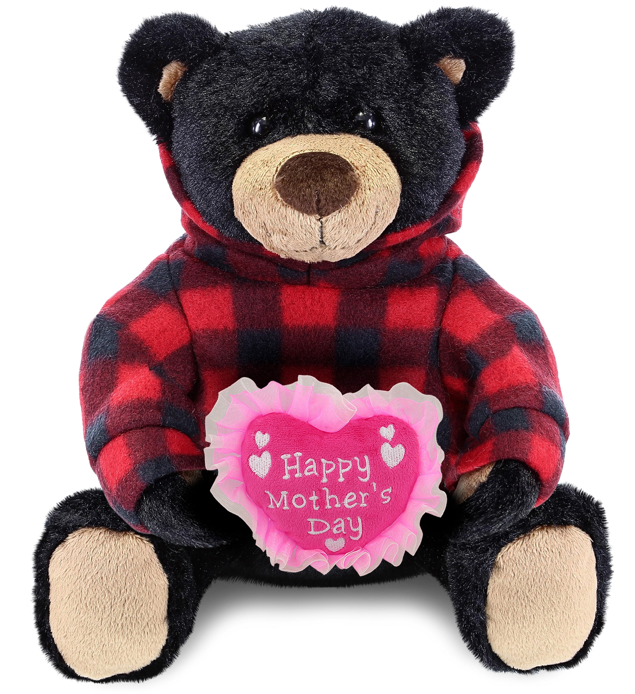 DolliBu Happy Mother's Day Super Soft Plush Black Bear With Red Plaid Hoodie - Cute Stuffed Animal with Pink Heart Message for Best Mommy, Grandma, Wife, Daughter, Wild Life Plush Toy Gift - 10 Inches