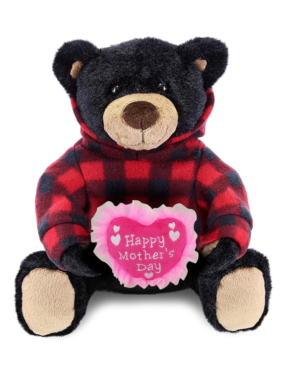 DolliBu Happy Mother's Day Super Soft Plush Black Bear With Red Plaid Hoodie - Cute Stuffed Animal with Pink Heart Message for Best Mommy, Grandma, Wife, Daughter, Wild Life Plush Toy Gift - 10 Inches