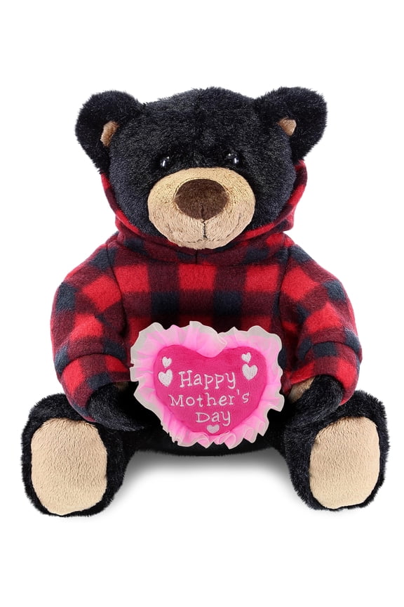 DolliBu Happy Mother's Day Super Soft Plush Black Bear With Red Plaid Hoodie - Cute Stuffed Animal with Pink Heart Message for Best Mommy, Grandma, Wife, Daughter, Wild Life Plush Toy Gift - 10 Inches