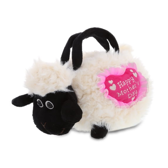 DolliBu Happy Mother's Day Super Soft Plush Black Nose Sheep Handbag - Cute Stuffed Animal Purse with Pink Heart Message for Best Mommy, Grandma, Wife, Daughter, Wild Life Plush Handbag Gift - 8.5"
