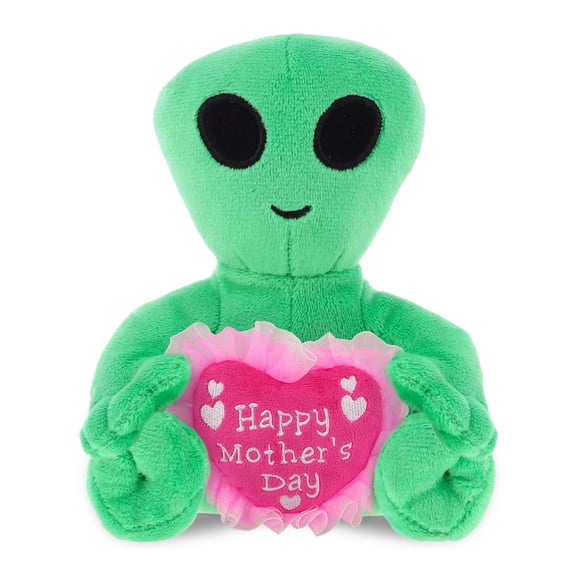 DolliBu Happy Mother's Day Super Soft Plush Green Alien - Cute Stuffed Animal with Pink Heart Message for Best Mommy, Grandma, Wife, Daughter - Cute Space Theme Plush Toy Gift - 6 Inches
