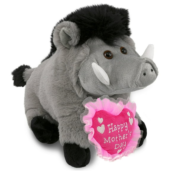 DolliBu Happy Mother's Day Super Soft Plush Grey Boar - Cute Stuffed Animal Present With Pink Heart Message for Best Mommy, Grandma, Wife, Daughter - Cute Wild Life Plush Toy Gift - 7.5 Inch