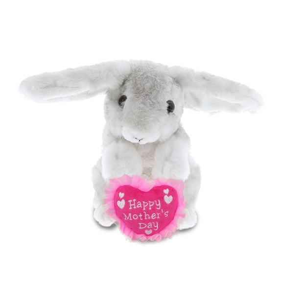DolliBu Happy Mother's Day Super Soft Plush Grey Rabbit Figure - Cute Stuffed Animal with Pink Heart Message for Best Mommy, Grandma, Wife, Daughter - Cute Farm Life Plush Toy Gift - 6.5" Inches
