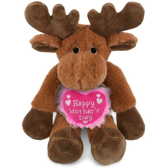 DolliBu Happy Mother's Day Super Soft Plush Long Leg Moose - Cute Stuffed Animal Present with Pink Heart Message for Best Mommy, Grandma, Wife, Daughter - Cute Wild Life Plush Toy Gift 10.5 Inches