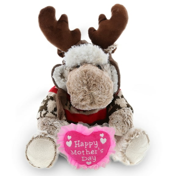 DolliBu Happy Mother's Day Super Soft Plush Moose With Clothes - Cute Stuffed Animal with Pink Heart Message for Best Mommy, Grandma, Wife, Daughter - Cute Wild Life Plush Toy Gift - 9" Inches