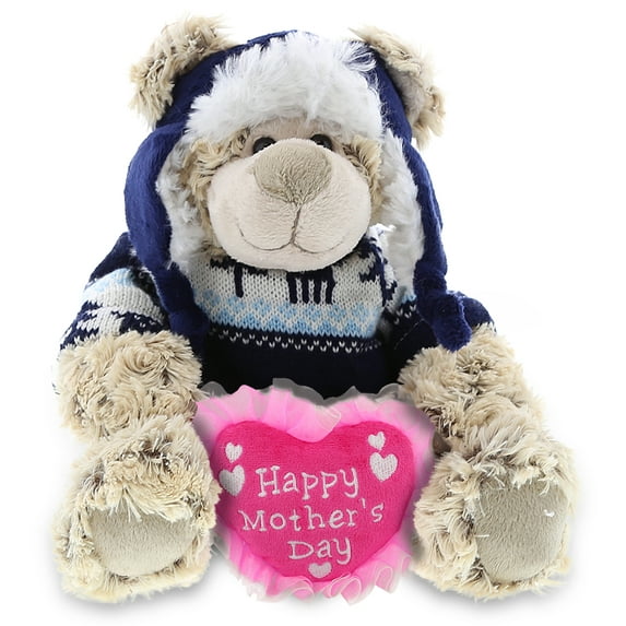 DolliBu Happy Mother's Day Super Soft Plush Polar Bear With Clothes - Cute Stuffed Animal with Pink Heart Message for Best Mommy, Grandma, Wife, Daughter - Cute Wild Life Plush Toy Gift - 9" Inches