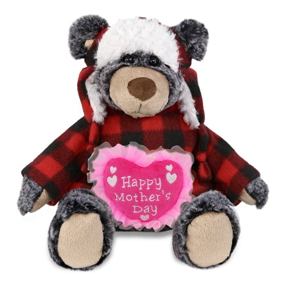 DolliBu Happy Mother's Day Super Soft Plush Red Plaid Outfit Black Bear - Cute Stuffed Animal Present with Pink Heart Message for Best Mommy, Grandma, Wife, Daughter, Cute Plush Toy Gift - 9 Inches